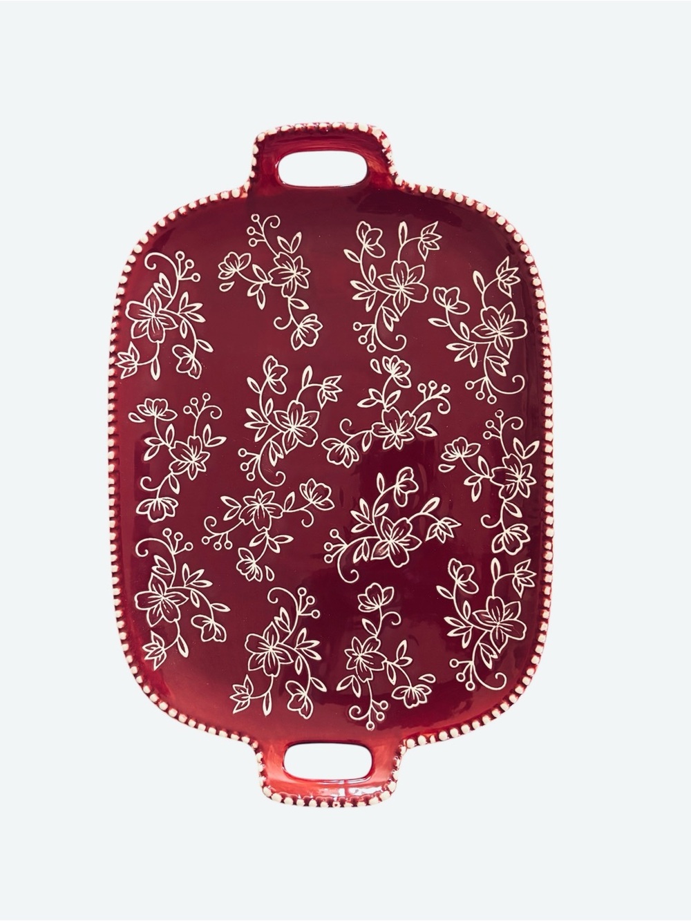 Temp-Tations Floral Lace Handle Serving Platter   12X10” Cranberry White Floral